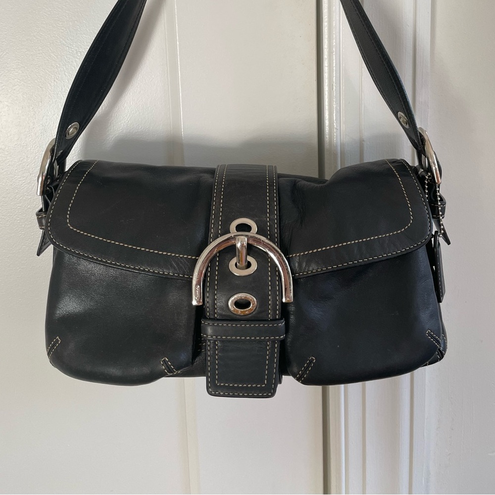 Vintage Coach Soho black double pocket shoulder bag with silver hardware